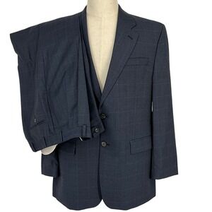 Lauren Ralph Lauren Mens 42R Suit Navy Windowpane Wool 2 Button Pleated 36x30